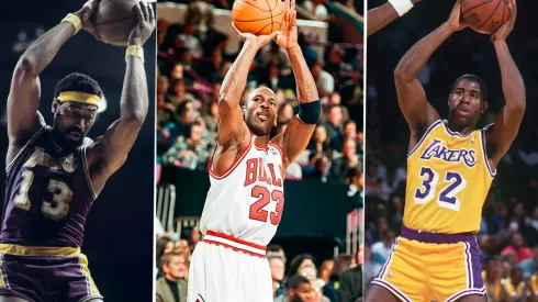 Wilt Chamberlain, Michael Jordan y Earvin ‘Magic’ Johnson. Foto: Getty Images.