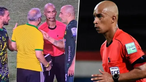 El cruce entre jugadores del Bucaramanga con el árbitro Diego Escalante.