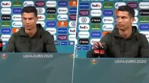 Cristiano Ronaldo al retirar la botella de Coca-Cola en la Eurocopa.