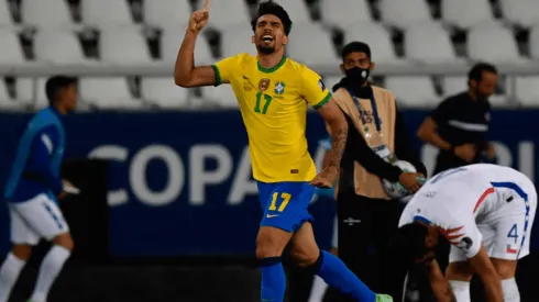 Festejo de gol de Lucas Paquetá, de Brasil.