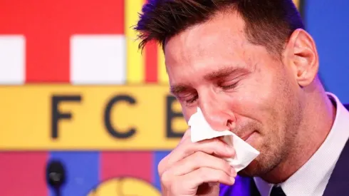 Lionel Messi en la rueda de prensa donde dejó Barcelona.