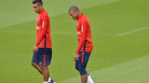 Marquinhos y Kylian Mbappé en un entrenamiento con PSG.