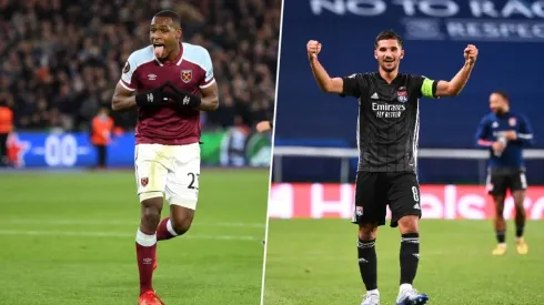 Issa Diop, de West Ham, y Houssem Aouar, de Olympique de Lyon.