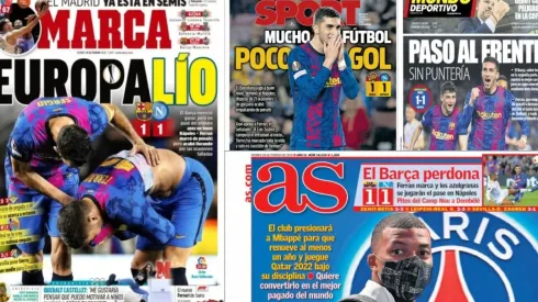 Las portadas de los medios tras el empate del Barcelona anoche.