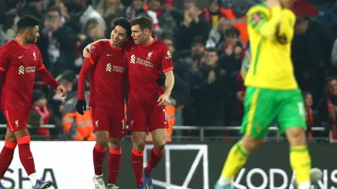 Liverpool en festejo de gol ante Norwich.