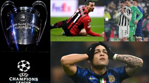 Trofeo de la UEFA Champions League y jugadores de Inter, Juventus y AC Milan.