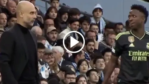 El cruce entre Guardiola y Vinicius en pleno partido.