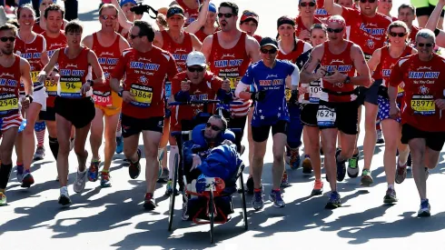 BOSTON, MA - APRIL 21: Team Hoyt crosses the finish line of the 118th Boston Marathon on April 21, 2014 in Boston, Massachusetts. (Photo by Jim Rogash/Getty Images)