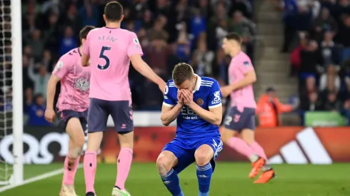 LEICESTER, ENGLAND - MAY 01: Jamie Vardy of Leicester City reacts after a missed chance during the Premier League match between Leicester City and Everton FC at The King Power Stadium on May 01, 2023 in Leicester, England. (Photo by Michael Regan/Getty Images)