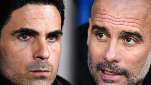 FILE PHOTO (EDITORS NOTE: COMPOSITE OF IMAGES – Image numbers 1202351530, 1182084551 – GRADIENT ADDED) In this composite image a comparison has been made between Mikel Arteta, Manager of Arsenal (L) and Pep Guardiola, Manager of Manchester City. Arsenal and Manchester City meet in a FA Cup Semi Final at Wembley Stadium on July 18,2020 in London,England. ***LEFT IMAGE*** BOURNEMOUTH, ENGLAND – JANUARY 27: Mikel Arteta, Manager of Arsenal looks on prior to the FA Cup Fourth Round match between AFC Bournemouth and Arsenal at Vitality Stadium on January 27, 2020 in Bournemouth, England. (Photo by Justin Setterfield/Getty Images) ***RIGHT IMAGE*** LONDON, ENGLAND – OCTOBER 19: Pep Guardiola, Manager of Manchester City looks on ahead of the Premier League match between Crystal Palace and Manchester City at Selhurst Park on October 19, 2019 in London, United Kingdom. (Photo by Alex Broadway/Getty Images)
