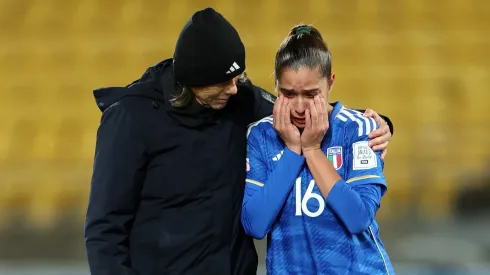 WELLINGTON, NEW ZEALAND - AUGUST 02: Milena Bertolini, Head Coach of Italy, consoles Giulia Dragoni of Italy after the team's defeat and elimination from the tournament in the FIFA Women's World Cup Australia & New Zealand 2023 Group G match between South Africa and Italy at Wellington Regional Stadium on August 02, 2023 in Wellington, New Zealand. (Photo by Catherine Ivill/Getty Images)