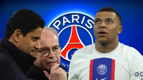 Nasser Al-Khelaifi, Luis Campos y Kylian Mbappé.