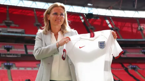 LONDON, ENGLAND – SEPTEMBER 09: Sarina Wiegman is unveiled As New Senior Head Coach Of The England Women's Team at Wembley Stadium on September 09, 2021 in London, England. (Photo by Catherine Ivill/Getty Images)