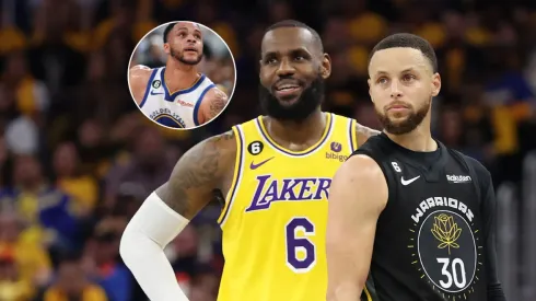 El nuevo jugador de los Lakers con LeBron James y Stephen Curry.