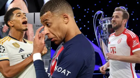 Jude Bellingham, Kylian Mbappé y Harry Kane en el sorteo de la Champions.