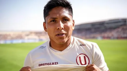 Ruidíaz le pega a Universitario de Deportes. Imagen generada por Inteligencia Artificial