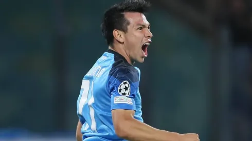 NAPLES, ITALY - OCTOBER 12: Hirving Lozano of SSC Napoli celebrates during the Champions League match between SSC Napoli