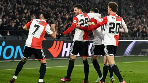 ROTTERDAM - (lr) Santiago Gimenez of Feyenoord, Alireza Jahanbaksh of Feyenoord, Orkun Kokcu of Feyenoord, Mats Wieffer
