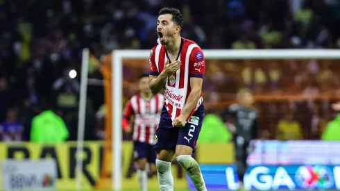 MEXICO CITY, MEXICO - MAY 21: Alan Mozo of Chivas celebrates after scoring the team's second goal during the semifinals second leg match between America and Chivas as part of the Torneo Clausura 2023 Liga MX at Azteca Stadium on May 21, 2023 in Mexico City, Mexico. (Photo by Manuel Velasquez/Getty Images)