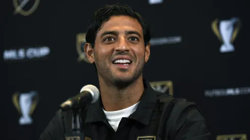 LOS ANGELES, CA - NOVEMBER 03: Carlos Vela #10 of the Los Angeles FC participates during the 2022 MLS Cup Media Day at InterContinental Los Angeles Downtown on November 3, 2022 in Los Angeles, California. (Photo by Kevork Djansezian/Getty Images)