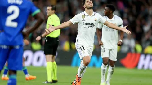 MADRID, SPAIN – MAY 13: Marco Asensio of Real Madrid celebrates after scoring the team's first goal during the LaLiga Santander match between Real Madrid CF and Getafe CF at Estadio Santiago Bernabeu on May 13, 2023 in Madrid, Spain. (Photo by Florencia Tan Jun/Getty Images)
