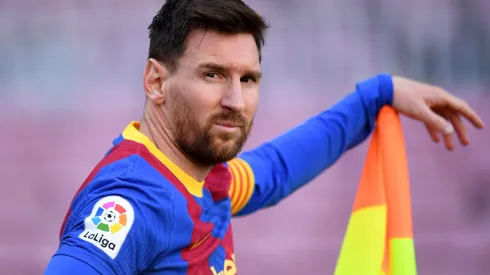 BARCELONA, SPAIN – MAY 08: Lionel Messi of FC Barcelona looks on during the La Liga Santander match between FC Barcelona and Atletico de Madrid at Camp Nou on May 08, 2021 in Barcelona, Spain. Sporting stadiums around Spain remain under strict restrictions due to the Coronavirus Pandemic as Government social distancing laws prohibit fans inside venues resulting in games being played behind closed doors. (Photo by David Ramos/Getty Images)
