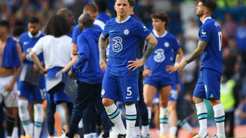LONDON, ENGLAND - MAY 28: Enzo Fernandez of Chelsea acknowledges the fans after the draw during the Premier League match between Chelsea FC and Newcastle United at Stamford Bridge on May 28, 2023 in London, England. (Photo by Alex Davidson/Getty Images)