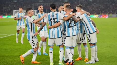 JAKARTA, INDONESIA – JUNE 19: Cristian Romero (1st R) of Argentina celebrates with teammates after scoring the team's second goal during the international friendly between Indonesia and Argentina at Gelora Bung Karno Stadium on June 19, 2023 in Jakarta, Indonesia. (Photo by Thananuwat Srirasant/Getty Images)
