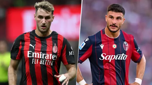 Santiago Giménez y Riccardo Orsolini, delanteros de AC Milan y Bologna, respectivamente.