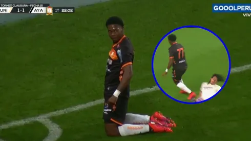 Juan Lucumí y su festejo tras el gol y haber dejado a Riveros en el suelo.