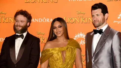Seth Rogen, Beyonce Knowles-Carter and Billy Eichner attend the European Premiere of Disney's "The Lion King" at Odeon Luxe Leicester Square on July 14, 2019 in London, England.