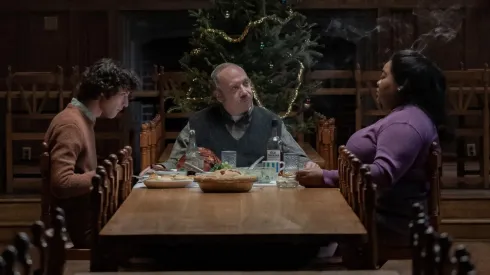 Paul Giamatti, Da'Vine Joy Randolph, and Dominic Sessa in The Holdovers.