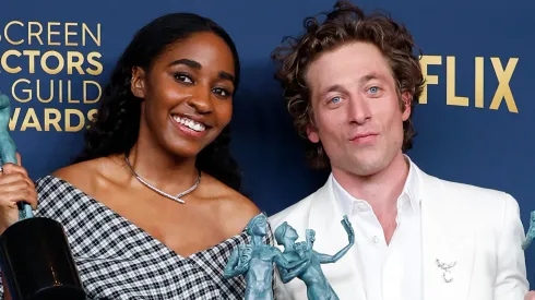 Ayo Edebiri and Jeremy Allen White pose in the press room during the 30th Annual Screen Actors Guild Awards.