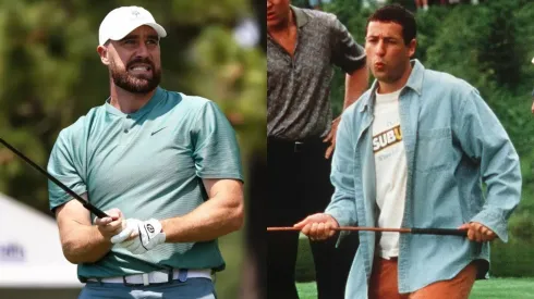 Travis Kelce playing golf in 2024 — Adam Sandler in Happy Gilmore.