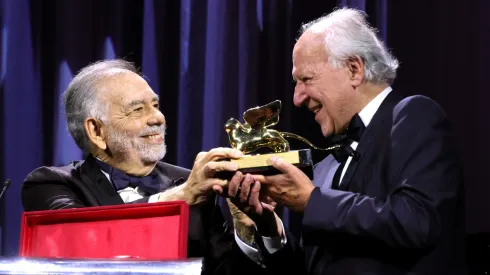 Werner Herzog receives the Golden Lion for Lifetime Achievement Award from Francis Ford Coppola.