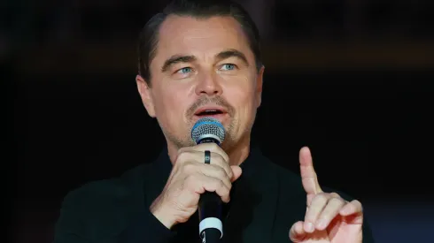 Leonardo DiCaprio speaks during the fan event for the movie 'One Battle After Another' at Plaza Toreo Parque Central.