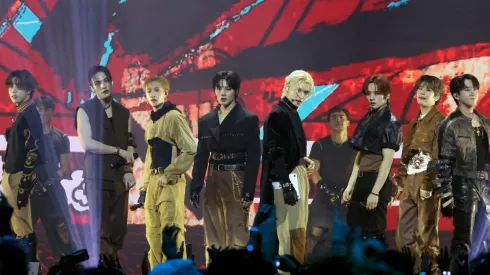 Han, Hyunjin, Bang Chan, I.N, Felix, Lee Know, Seungmin and Changbin of Stray Kids perform onstage during the 2023 MTV Video Music Awards.