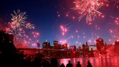 A firework show concludes an evening of celebrations for the Brooklyn Bridge May 22, 2008,
