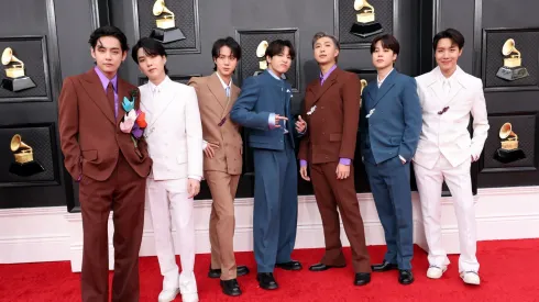 (L-R) V, Suga, Jin, Jungkook, RM, Jimin and J-Hope of BTS attend the 64th Annual GRAMMY Awards at MGM Grand Garden Arena on April 03, 2022 in Las Vegas, Nevada.