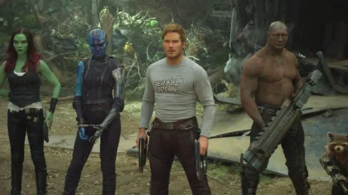 Zoe Saldana, KAren Gillan, Chris Pratt, Dave Bautista y BRadley Cooper en Guardianes de la Galaxia