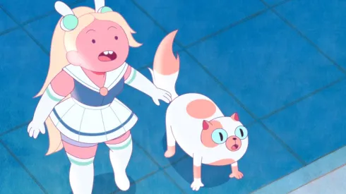 Los protagonistas de Hora de Aventura con Fiona y Cake.