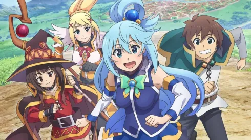 Los personajes principales de Konosuba, en el afiche oficial de la Temporada 3.