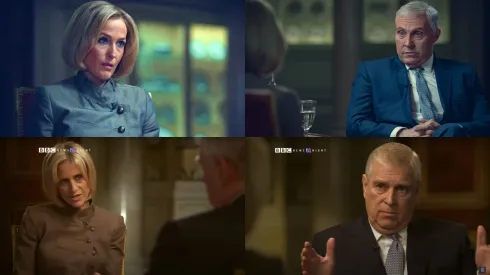 Arriba: El tenso momento de la entrevista en La Gran Exclusiva (Scoop). Abajo: La verdadera entrevista de News Night.