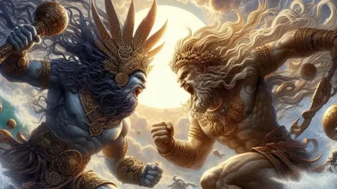 Así luciría el enfrentamiento entre Chaac y Poseidón, según la Inteligencia Artificial.