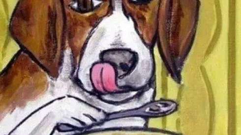 Pintura del perro comiendo cereal con cuchara