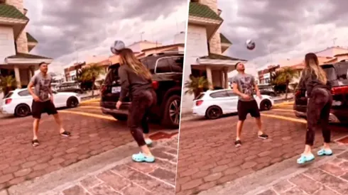 Pablo Aguilar haciendo dominadas con su esposa.