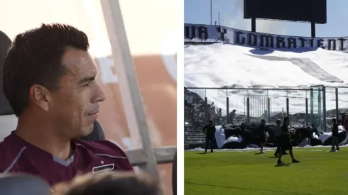 Esteban Paredes observa emocionado la camiseta gigante.