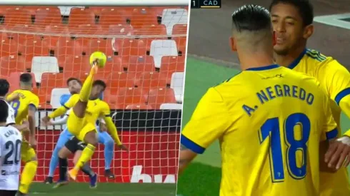 Choco Lozano marca un golazo de chilena para el Cádiz