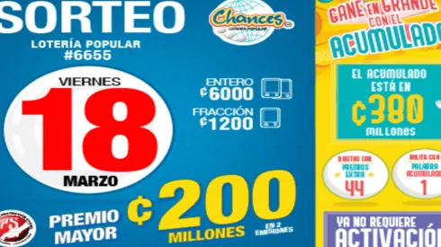 ◉ Chances de Costa Rica de HOY: sorteo, resultados y números ganadores viernes 18 de marzo| Lotería Costa Rica Premio Mayor ¢200 millones.
