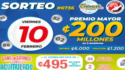 ◉ Chances de Costa Rica de HOY: sorteo, resultados y números ganadores del viernes 10 de febrero | Lotería Costa Rica Premio Mayor ¢200 millones.